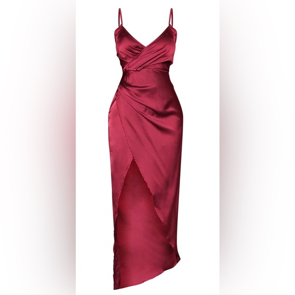 PRETTY LITTLE THING ~ Burgundy Satin Wrap-Detail Maxi Dress ~ Front Slit ~ Sz 8 - Picture 6 of 6